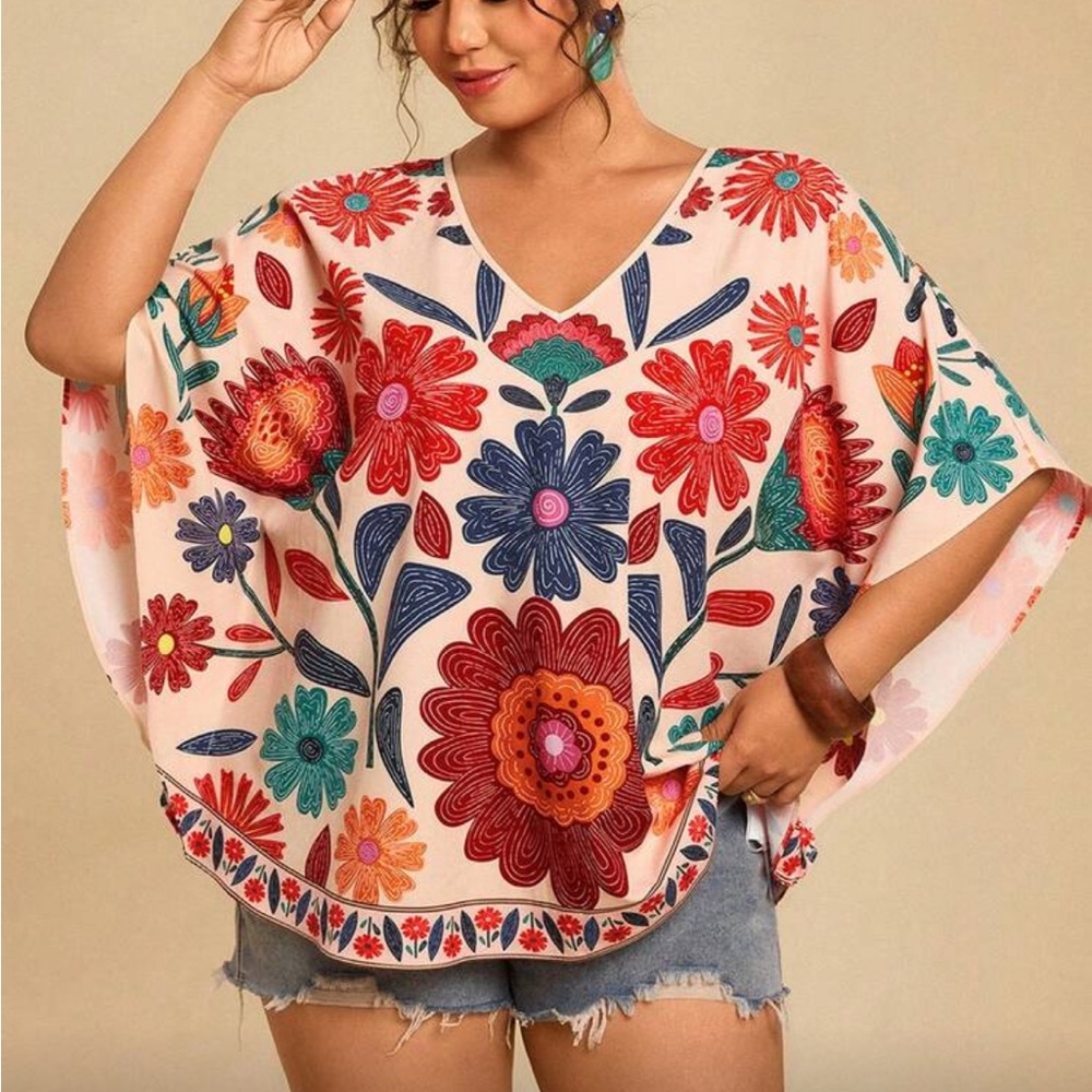 Plus Size Floral Print Batwing Sleeve V-Neck Women's Top Blouse Shirt